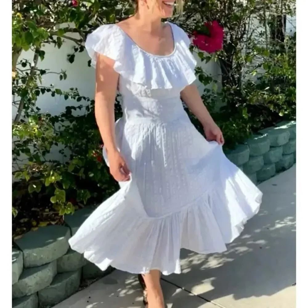 Tory Burch White Striped Seersucker Tiered Dress Sz. 4